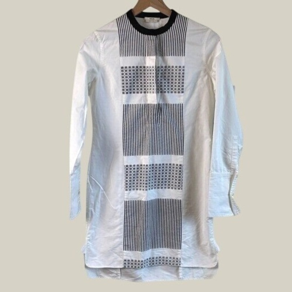 Edun Tunic Shirt White Black Womens XS‎ Geometric Print Cotton Long Sleeve